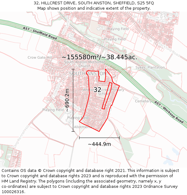 32, HILLCREST DRIVE, SOUTH ANSTON, SHEFFIELD, S25 5FQ: Plot and title map