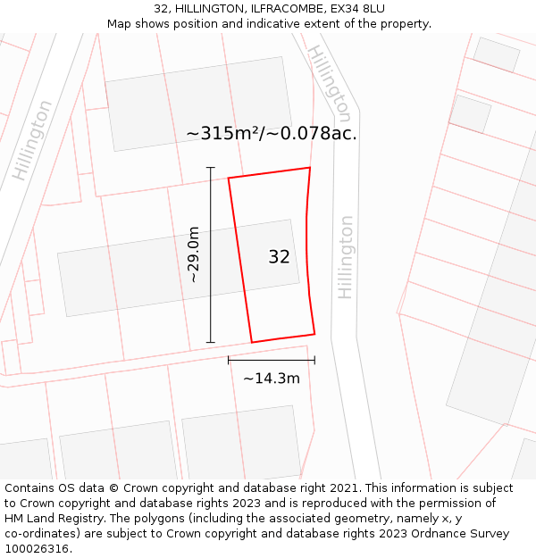 32, HILLINGTON, ILFRACOMBE, EX34 8LU: Plot and title map