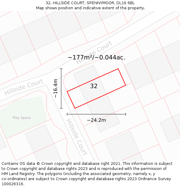 32, HILLSIDE COURT, SPENNYMOOR, DL16 6BL: Plot and title map