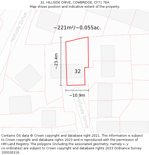32, HILLSIDE DRIVE, COWBRIDGE, CF71 7EA: Plot and title map