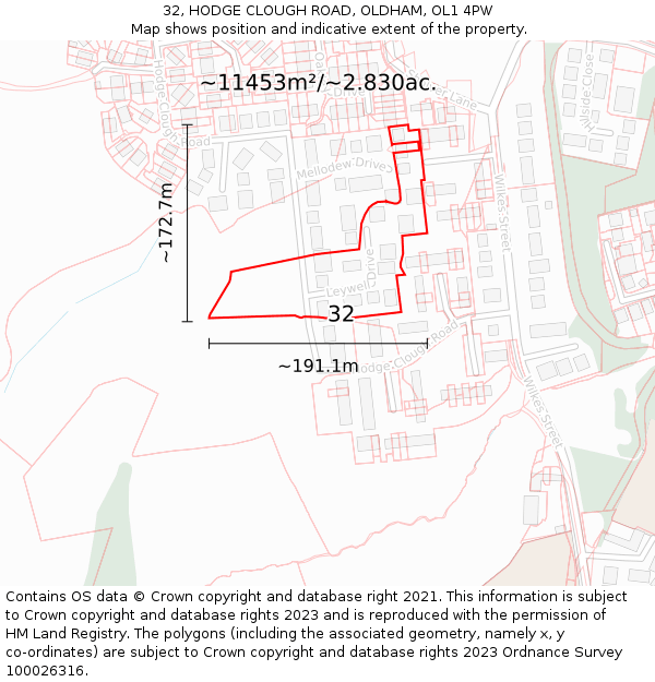 32, HODGE CLOUGH ROAD, OLDHAM, OL1 4PW: Plot and title map