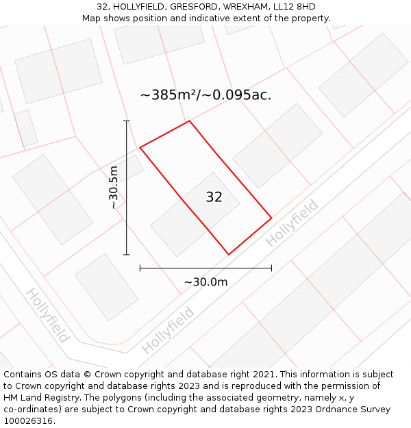 32, HOLLYFIELD, GRESFORD, WREXHAM, LL12 8HD: Plot and title map