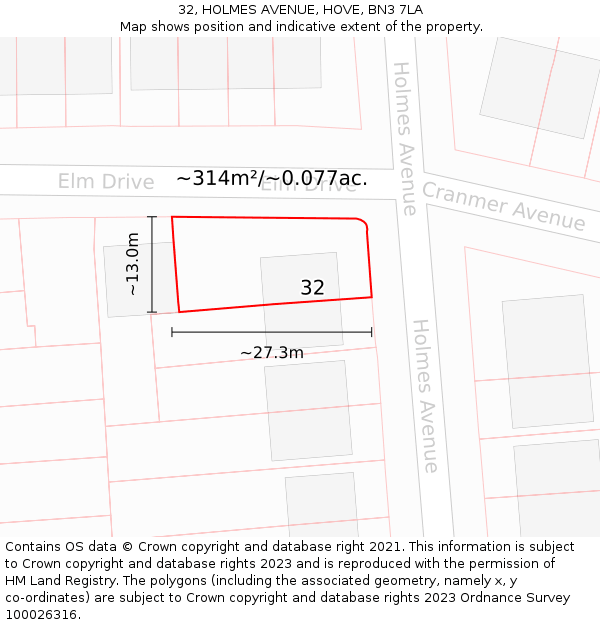 32, HOLMES AVENUE, HOVE, BN3 7LA: Plot and title map