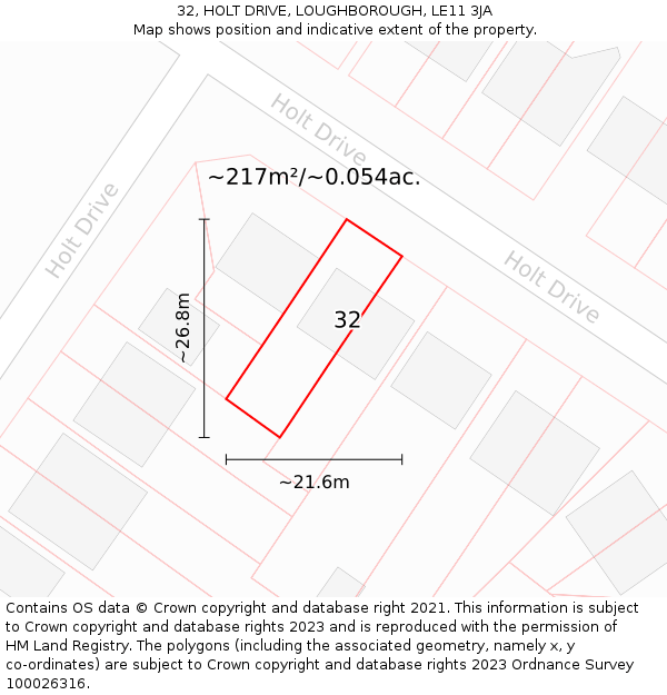 32, HOLT DRIVE, LOUGHBOROUGH, LE11 3JA: Plot and title map