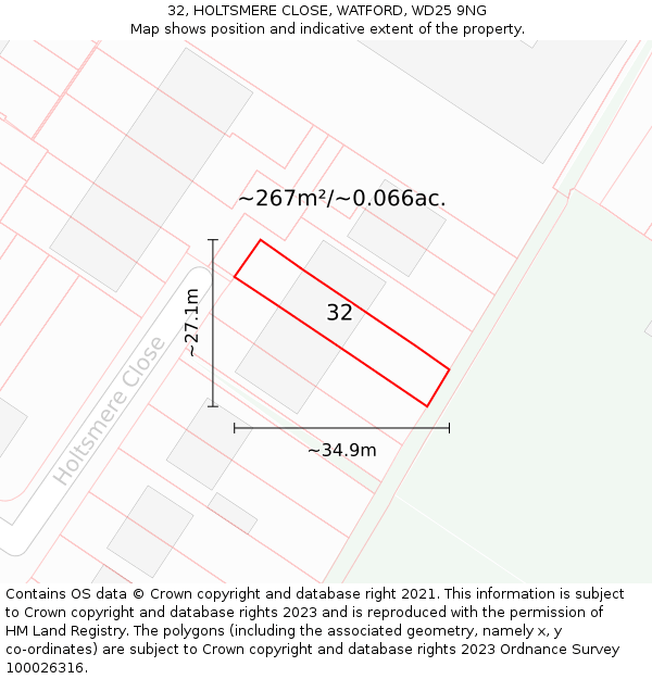 32, HOLTSMERE CLOSE, WATFORD, WD25 9NG: Plot and title map