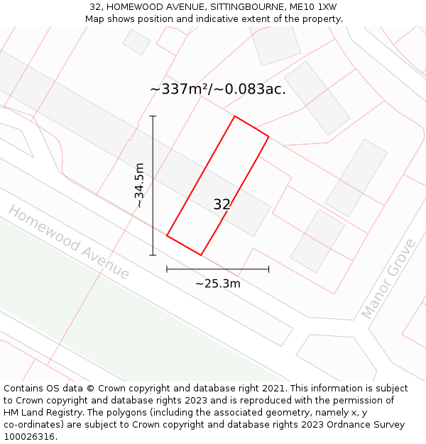 32, HOMEWOOD AVENUE, SITTINGBOURNE, ME10 1XW: Plot and title map