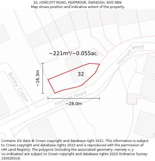 32, HORCOTT ROAD, PEATMOOR, SWINDON, SN5 5BW: Plot and title map