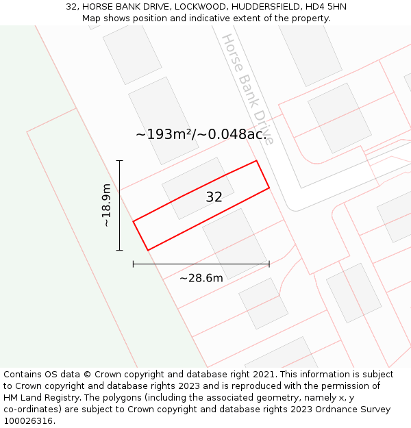 32, HORSE BANK DRIVE, LOCKWOOD, HUDDERSFIELD, HD4 5HN: Plot and title map