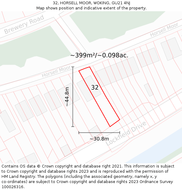 32, HORSELL MOOR, WOKING, GU21 4NJ: Plot and title map