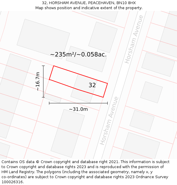 32, HORSHAM AVENUE, PEACEHAVEN, BN10 8HX: Plot and title map