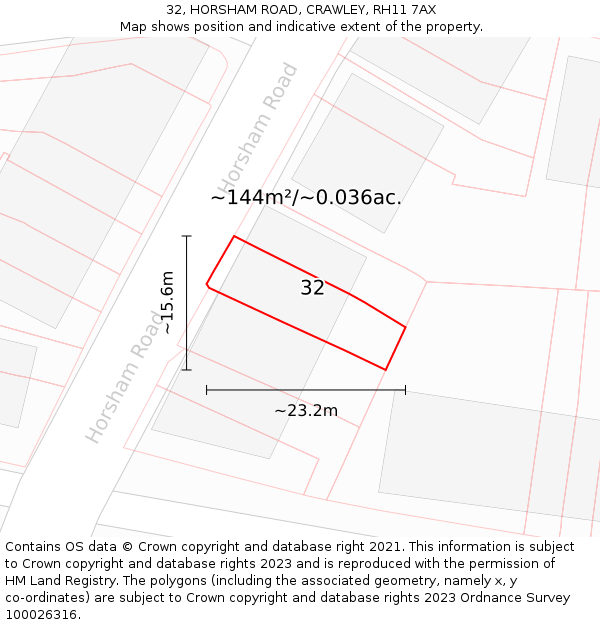 32, HORSHAM ROAD, CRAWLEY, RH11 7AX: Plot and title map