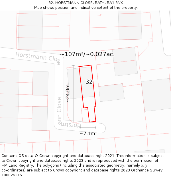 32, HORSTMANN CLOSE, BATH, BA1 3NX: Plot and title map