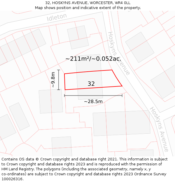 32, HOSKYNS AVENUE, WORCESTER, WR4 0LL: Plot and title map