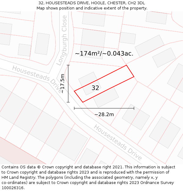 32, HOUSESTEADS DRIVE, HOOLE, CHESTER, CH2 3DL: Plot and title map