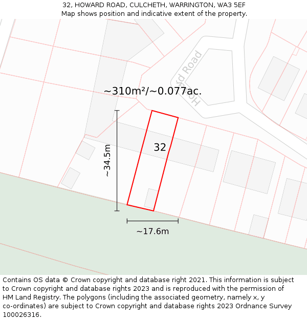 32, HOWARD ROAD, CULCHETH, WARRINGTON, WA3 5EF: Plot and title map