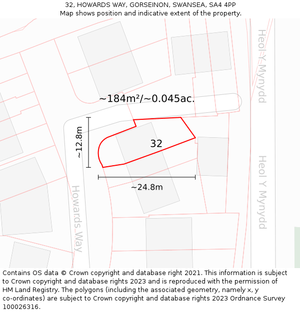 32, HOWARDS WAY, GORSEINON, SWANSEA, SA4 4PP: Plot and title map