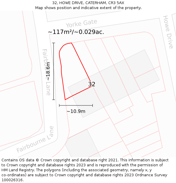 32, HOWE DRIVE, CATERHAM, CR3 5AX: Plot and title map