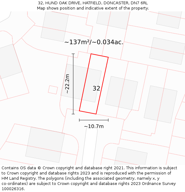 32, HUND OAK DRIVE, HATFIELD, DONCASTER, DN7 6RL: Plot and title map