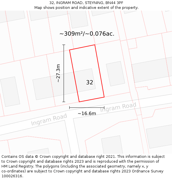 32, INGRAM ROAD, STEYNING, BN44 3PF: Plot and title map