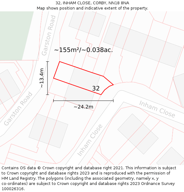 32, INHAM CLOSE, CORBY, NN18 8NA: Plot and title map