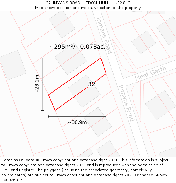 32, INMANS ROAD, HEDON, HULL, HU12 8LG: Plot and title map