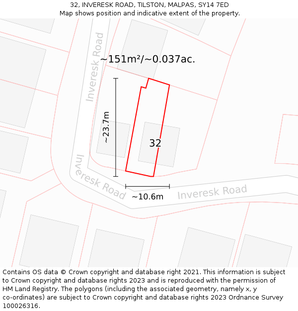 32, INVERESK ROAD, TILSTON, MALPAS, SY14 7ED: Plot and title map