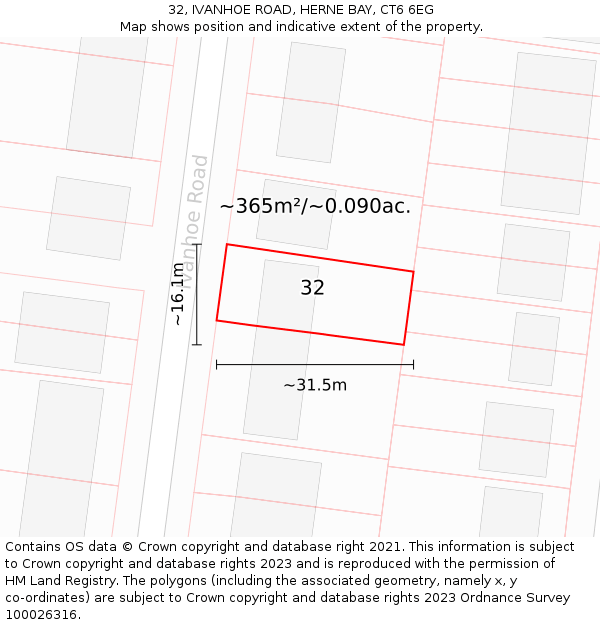 32, IVANHOE ROAD, HERNE BAY, CT6 6EG: Plot and title map