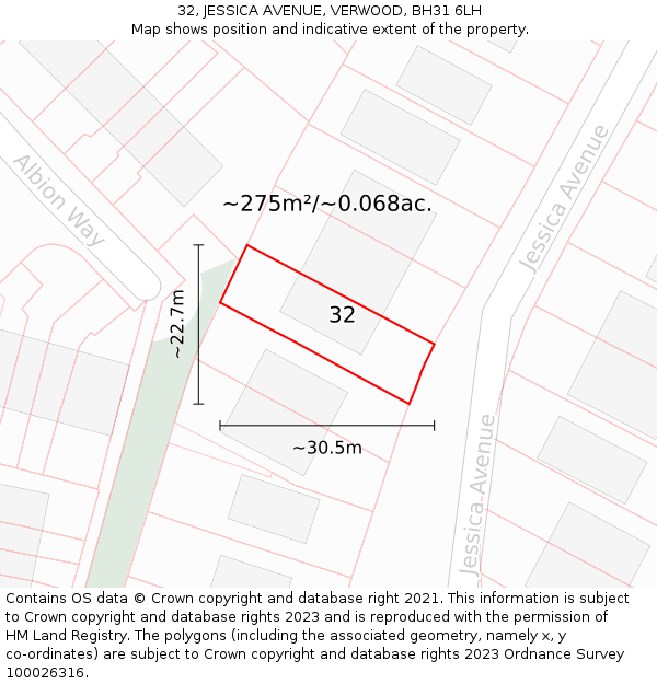 32, JESSICA AVENUE, VERWOOD, BH31 6LH: Plot and title map