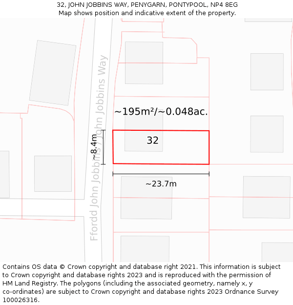 32, JOHN JOBBINS WAY, PENYGARN, PONTYPOOL, NP4 8EG: Plot and title map