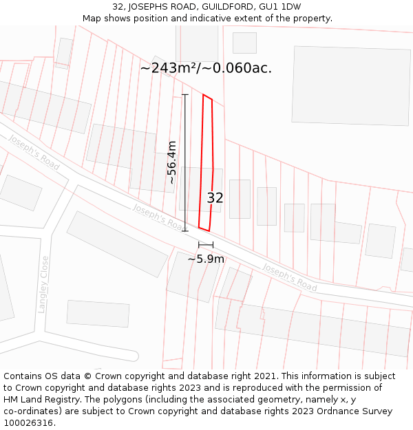 32, JOSEPHS ROAD, GUILDFORD, GU1 1DW: Plot and title map