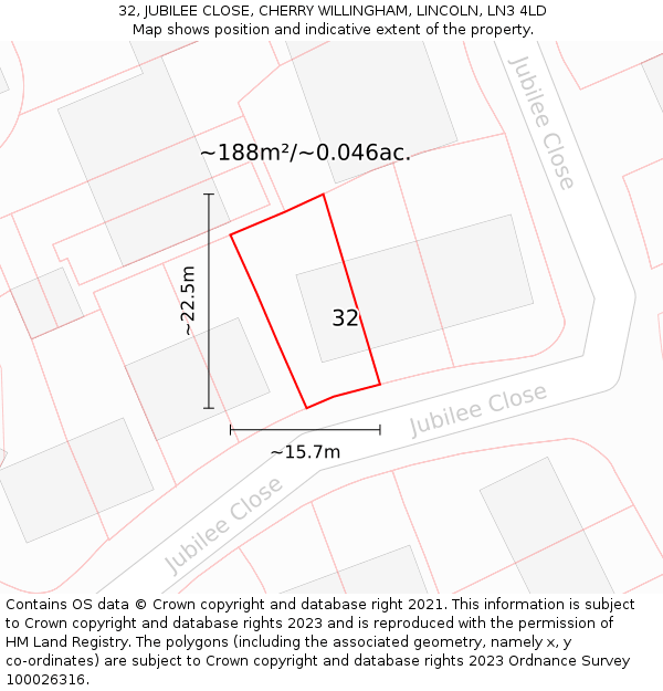 32, JUBILEE CLOSE, CHERRY WILLINGHAM, LINCOLN, LN3 4LD: Plot and title map