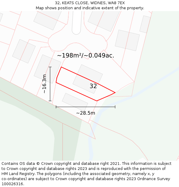 32, KEATS CLOSE, WIDNES, WA8 7EX: Plot and title map