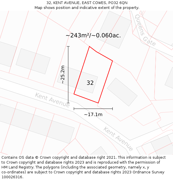 32, KENT AVENUE, EAST COWES, PO32 6QN: Plot and title map