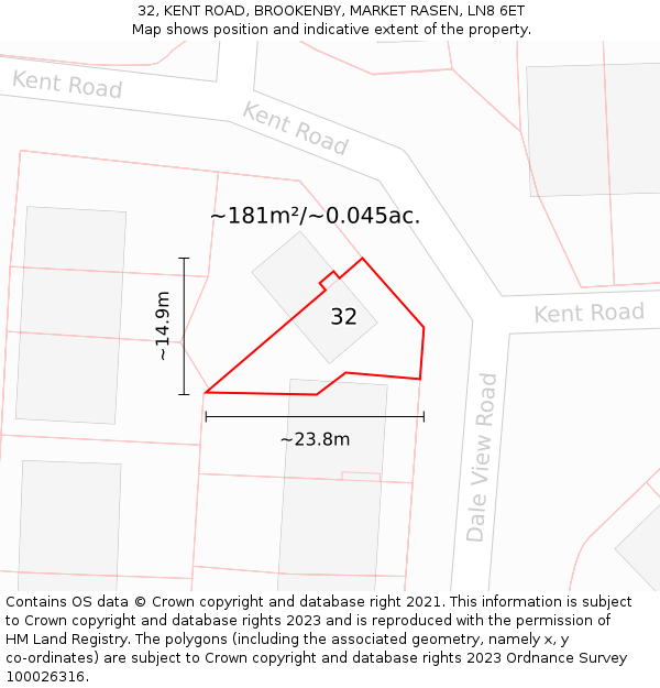 32, KENT ROAD, BROOKENBY, MARKET RASEN, LN8 6ET: Plot and title map