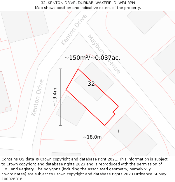 32, KENTON DRIVE, DURKAR, WAKEFIELD, WF4 3PN: Plot and title map