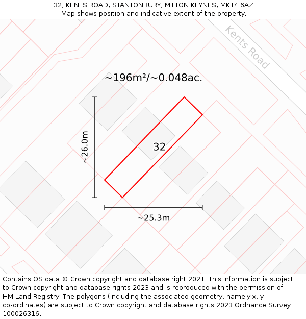 32, KENTS ROAD, STANTONBURY, MILTON KEYNES, MK14 6AZ: Plot and title map