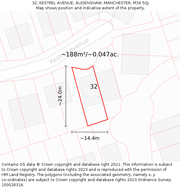 32, KESTREL AVENUE, AUDENSHAW, MANCHESTER, M34 5QJ: Plot and title map