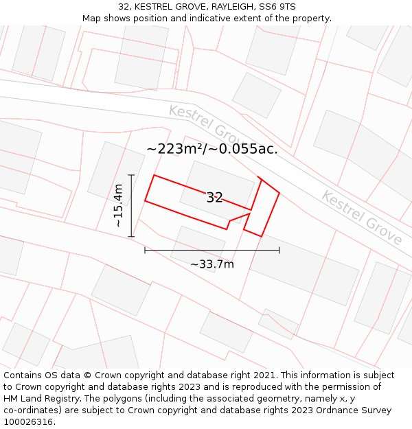 32, KESTREL GROVE, RAYLEIGH, SS6 9TS: Plot and title map