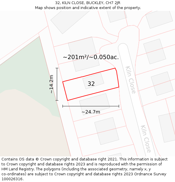 32, KILN CLOSE, BUCKLEY, CH7 2JR: Plot and title map