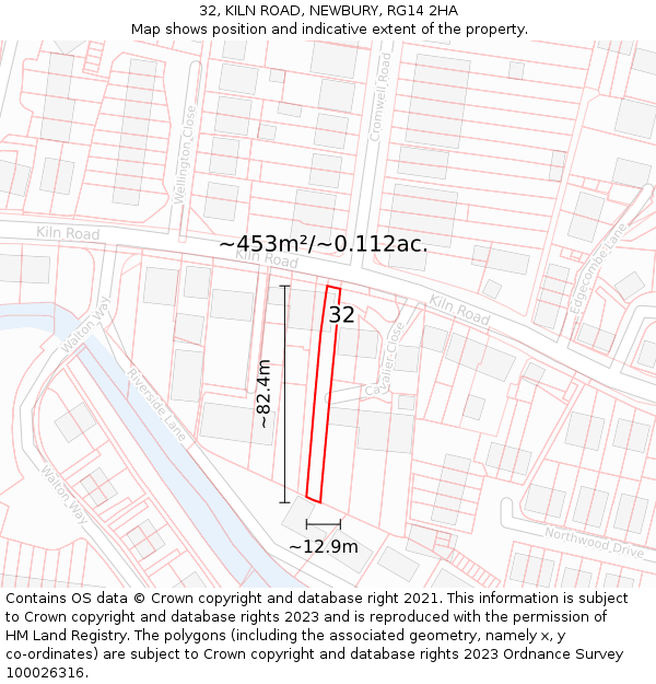 32, KILN ROAD, NEWBURY, RG14 2HA: Plot and title map
