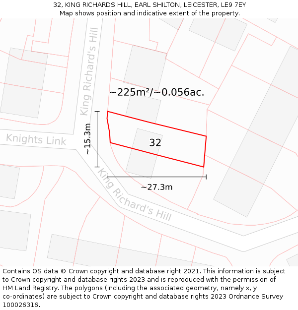 32, KING RICHARDS HILL, EARL SHILTON, LEICESTER, LE9 7EY: Plot and title map