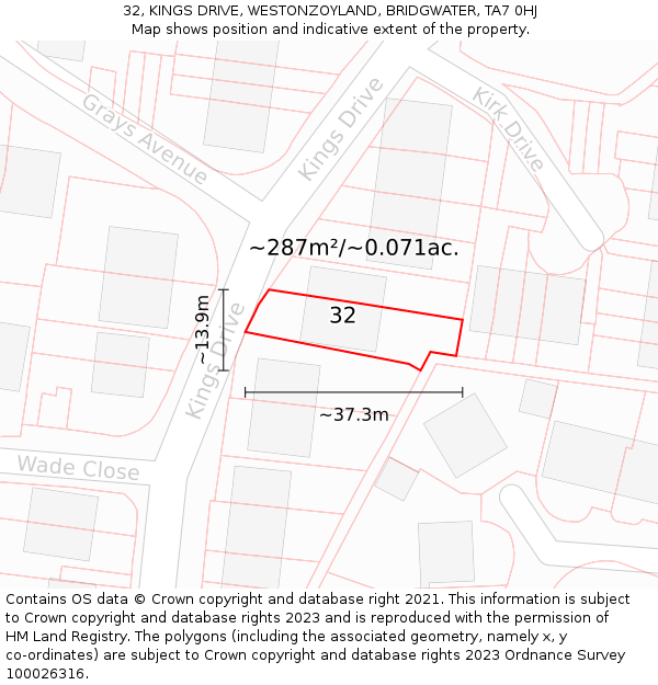 32, KINGS DRIVE, WESTONZOYLAND, BRIDGWATER, TA7 0HJ: Plot and title map