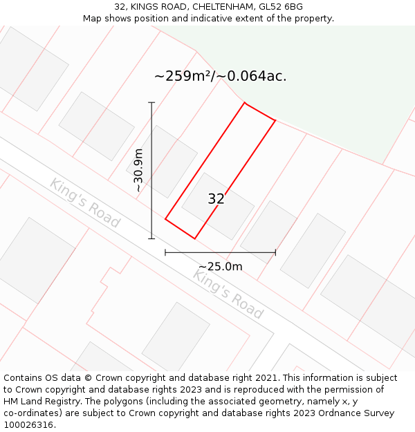 32, KINGS ROAD, CHELTENHAM, GL52 6BG: Plot and title map