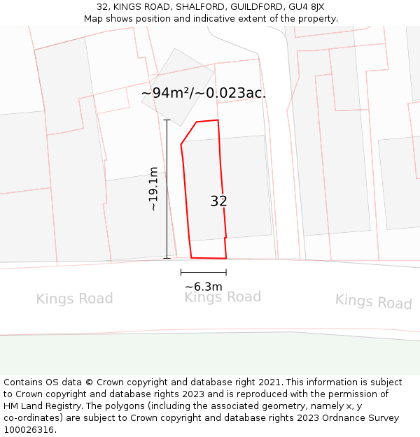 32, KINGS ROAD, SHALFORD, GUILDFORD, GU4 8JX: Plot and title map