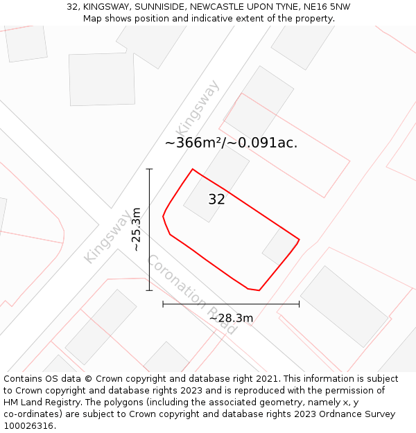 32, KINGSWAY, SUNNISIDE, NEWCASTLE UPON TYNE, NE16 5NW: Plot and title map