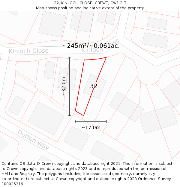 32, KINLOCH CLOSE, CREWE, CW1 3LT: Plot and title map