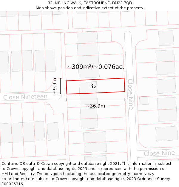 32, KIPLING WALK, EASTBOURNE, BN23 7QB: Plot and title map