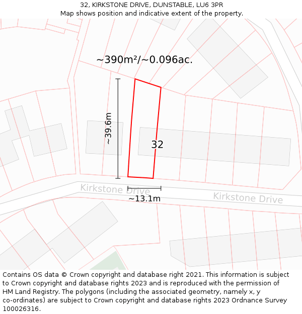 32, KIRKSTONE DRIVE, DUNSTABLE, LU6 3PR: Plot and title map