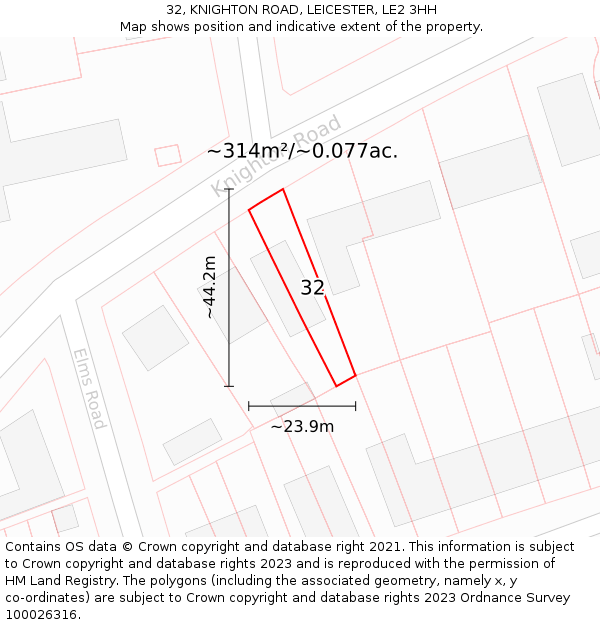 32, KNIGHTON ROAD, LEICESTER, LE2 3HH: Plot and title map