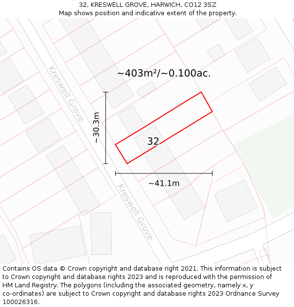 32, KRESWELL GROVE, HARWICH, CO12 3SZ: Plot and title map